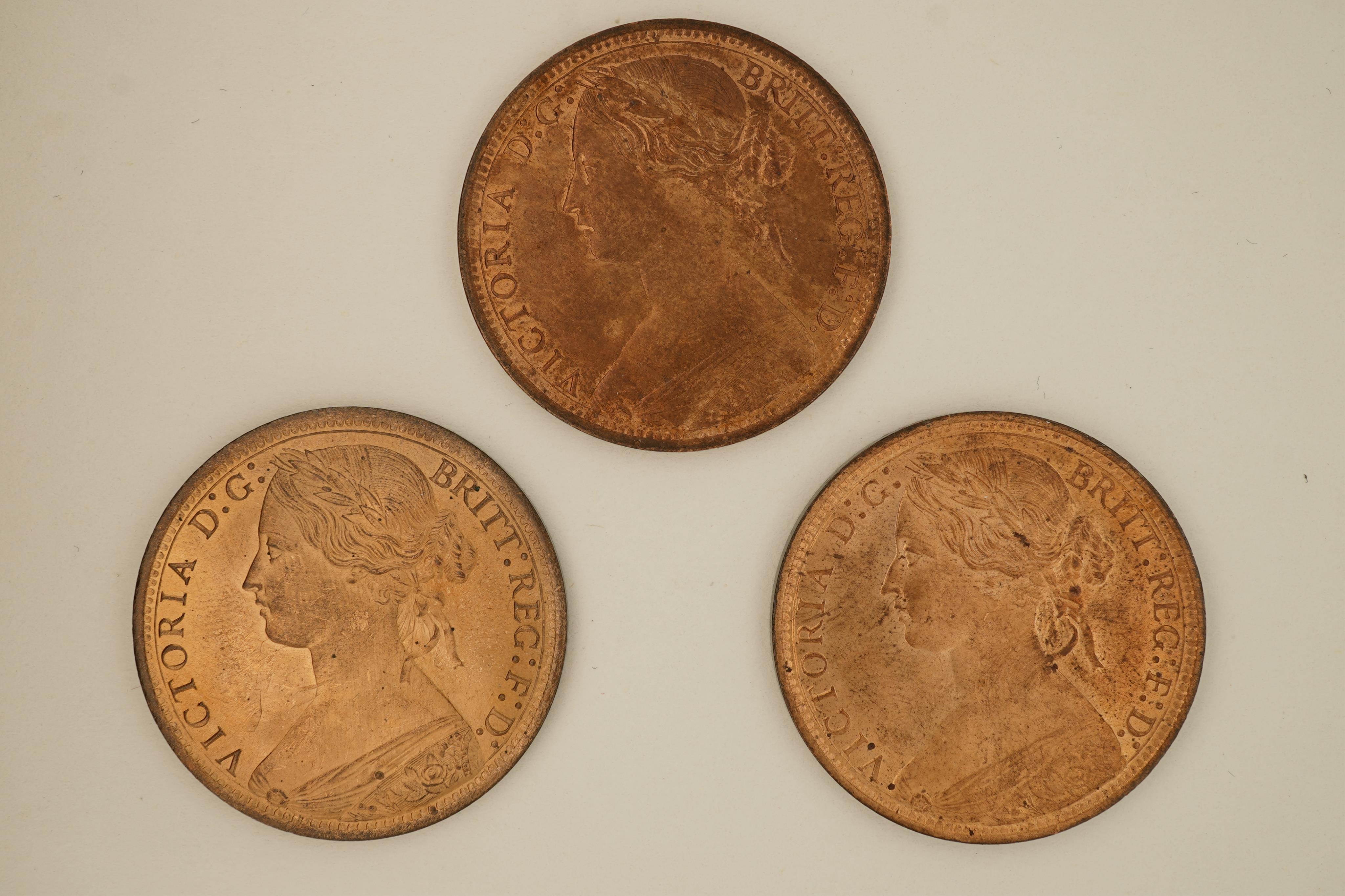 British coins, Victoria, three bronze pennies; 1872, Fr. 62, Gouby dies J/g, about EF, some lustre, 1873, Fr. 64, Gouby dies J/g, rim wear, die clash to Victoria’s neck, otherwise good EF, crisp reverse, much lustre, 187
